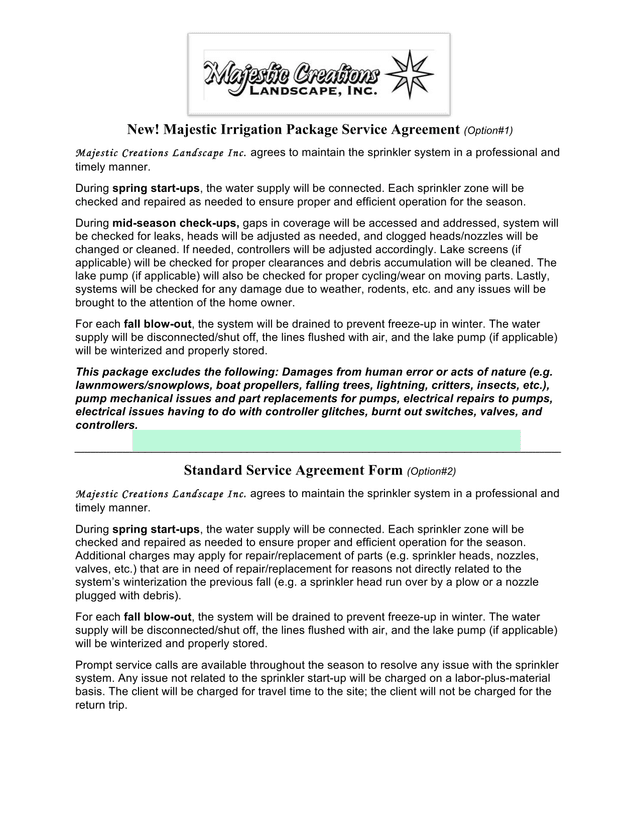 Majestic Irrigation Package Service Agreement (Option1) screenshot