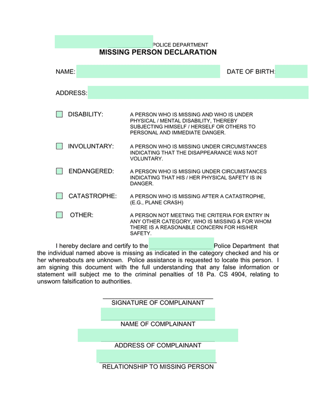 Missing Person Declaration screenshot