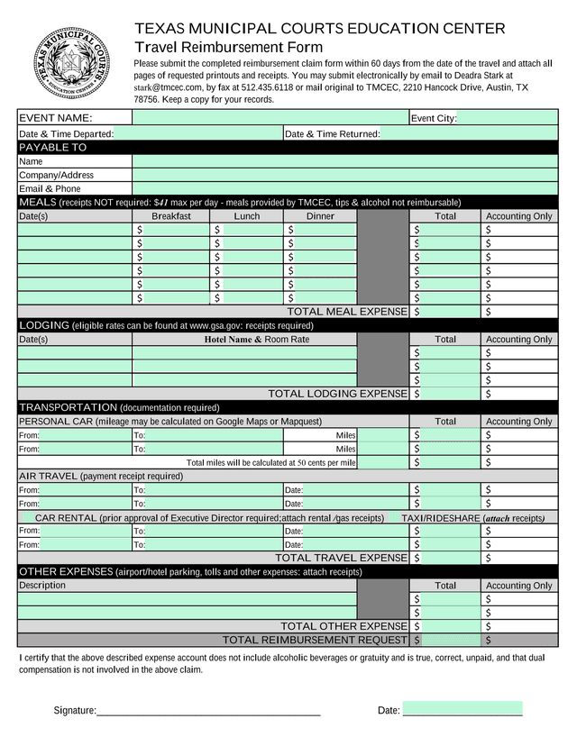 Travel Reimbursement Form screenshot