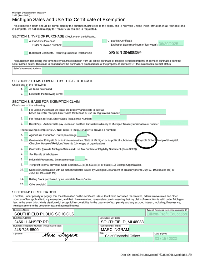 Michigan Sales And Use Tax Certificate Of Exemption screenshot