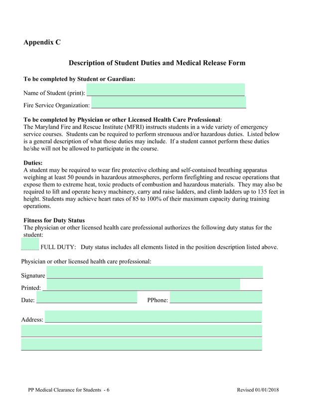 Description Of Student Duties And Medical Release Form screenshot