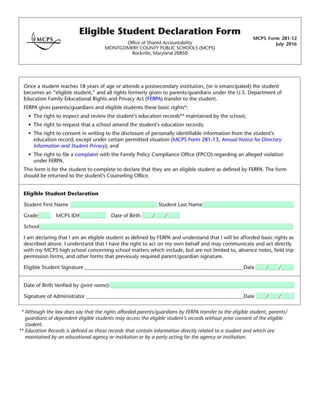 Eligible Student Declaration Form screenshot