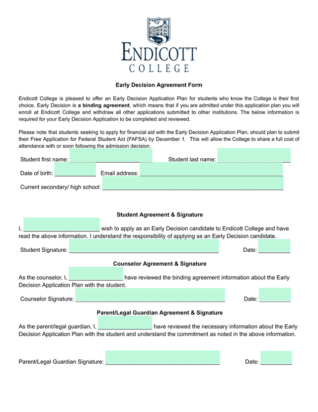 Early Decision Agreement Form screenshot
