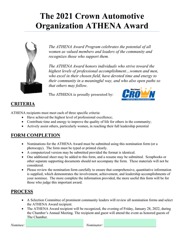 2021 Crown Automotive ATHENA Award Nomination Form screenshot