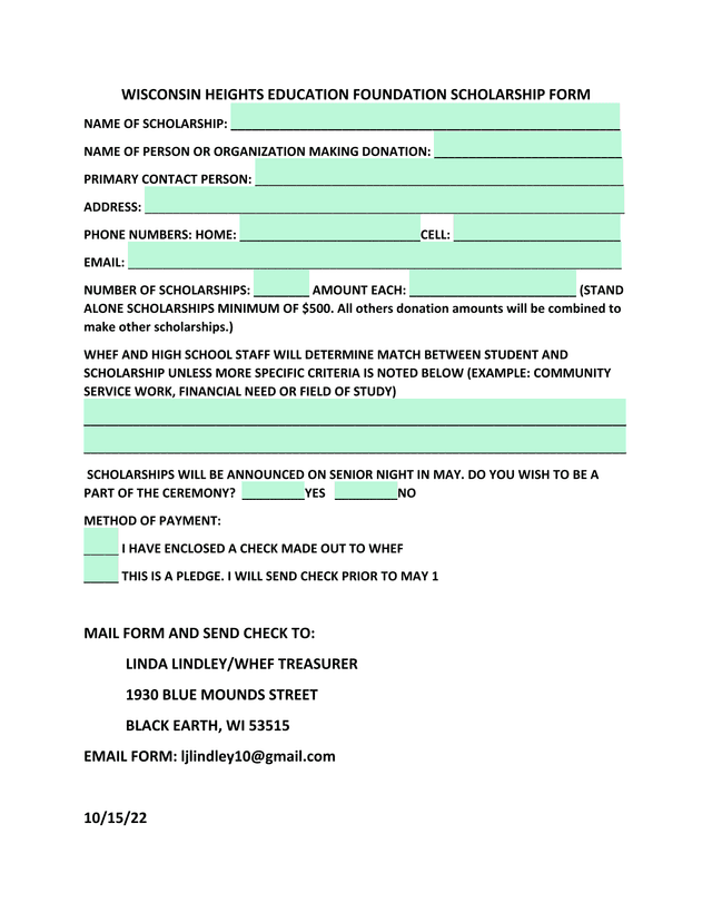 Wisconsin Heights Education Foundation Scholarship Form screenshot