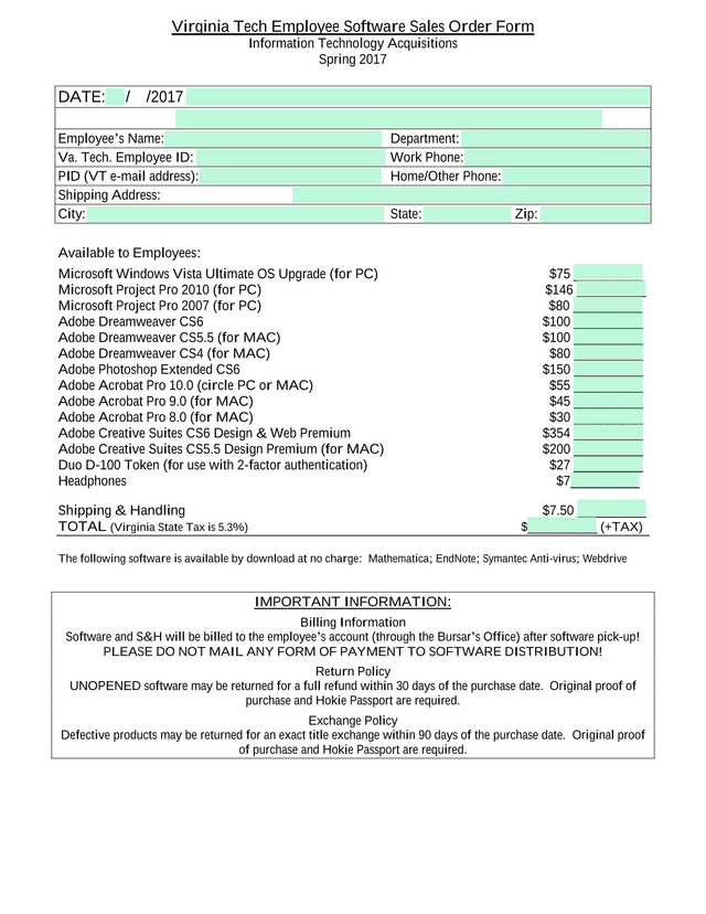 Virginia Tech Employee Software Sales Order Form screenshot