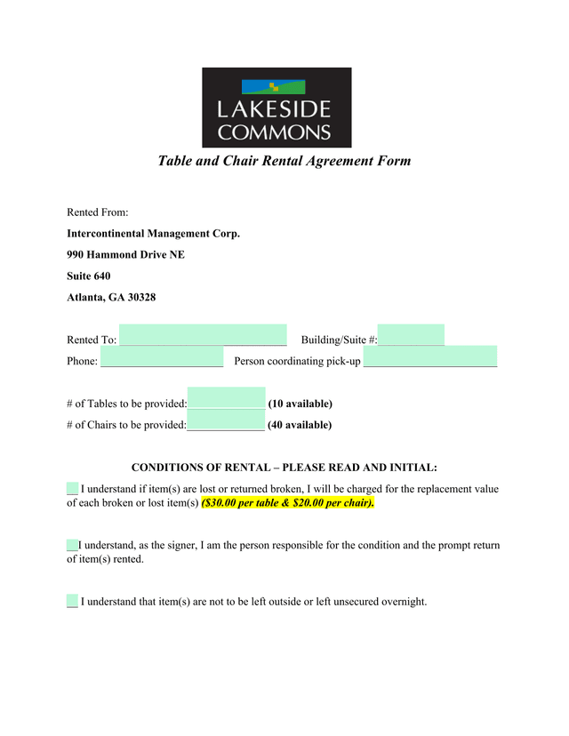 Table And Chair Rental Agreement Form screenshot