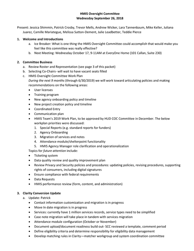 HMIS Oversight Committee Meeting Minutes screenshot