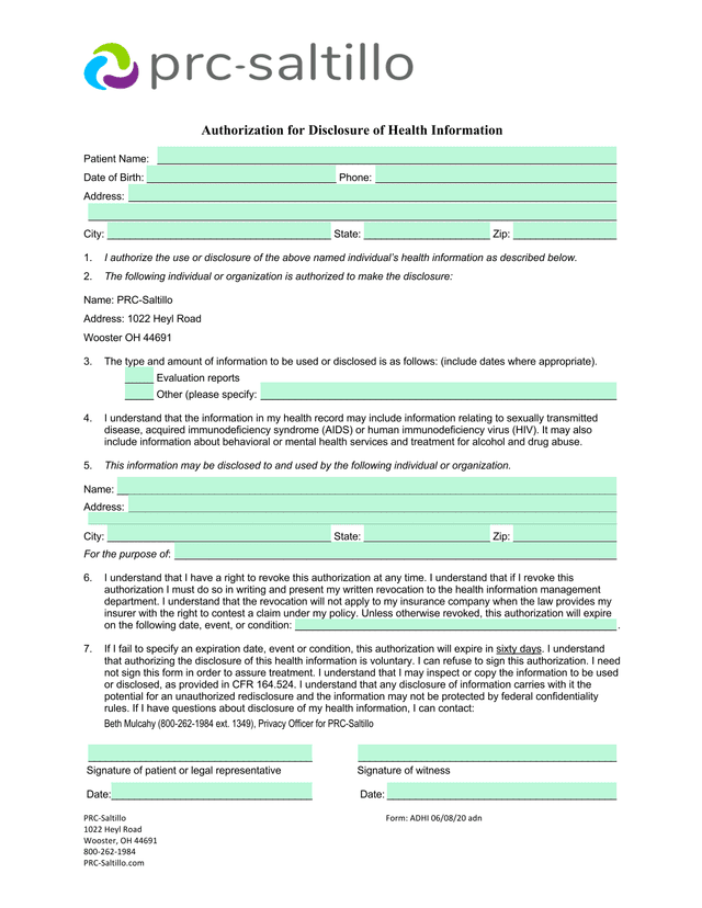 Authorization For Disclosure Of Health Information screenshot