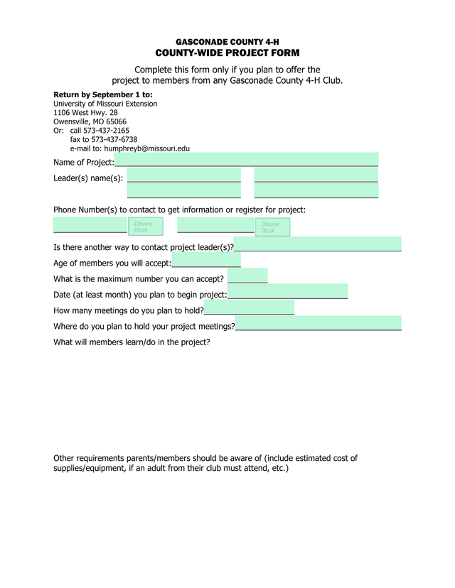 Gasconade County 4 H County Wide Project Form screenshot
