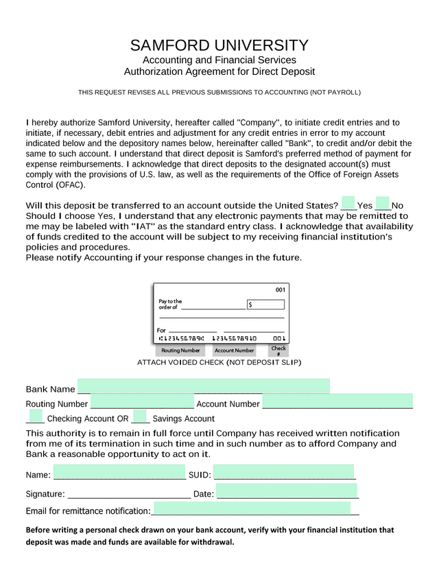 Authorization Agreement For Direct Deposit screenshot