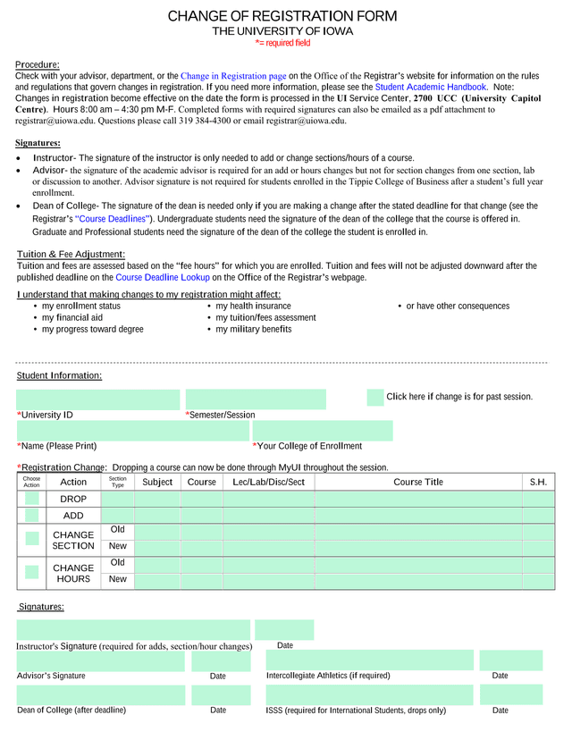 Change Of Registration Form screenshot