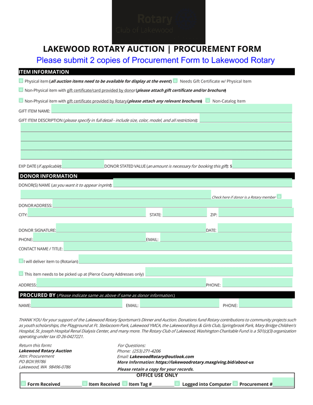 Lakewood Rotary Auction Procurement Form screenshot