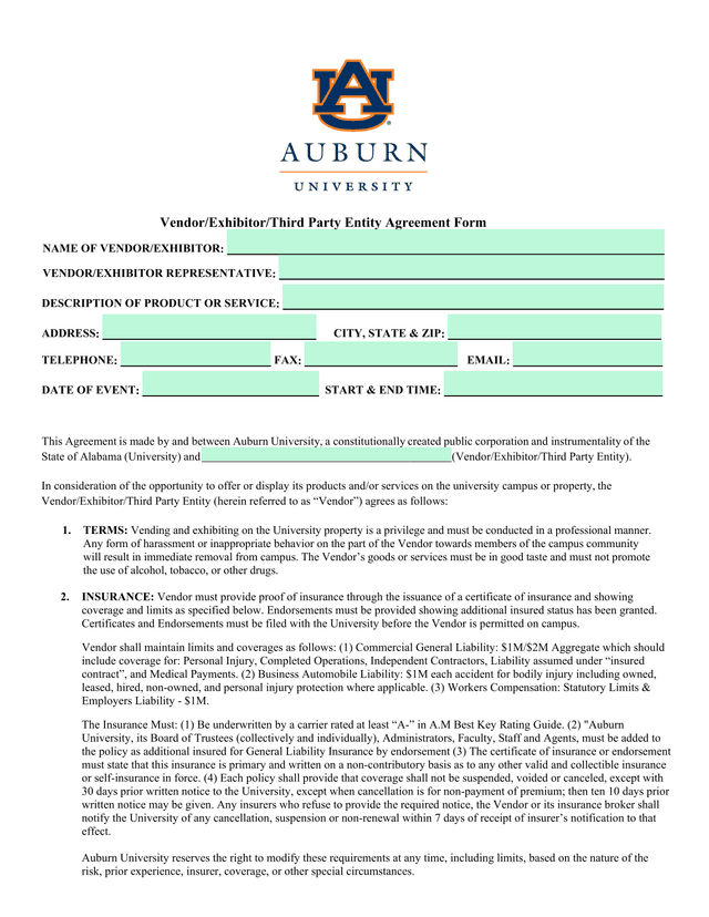 VendorExhibitorThird Party Entity Agreement Form screenshot