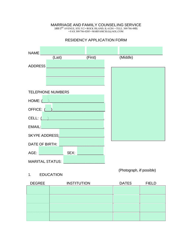 RESIDENCY APPLICATION FORM screenshot