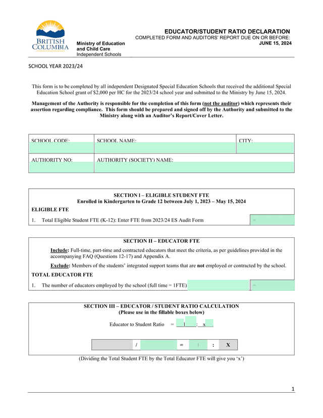 EducatorStudent Ratio Declaration screenshot