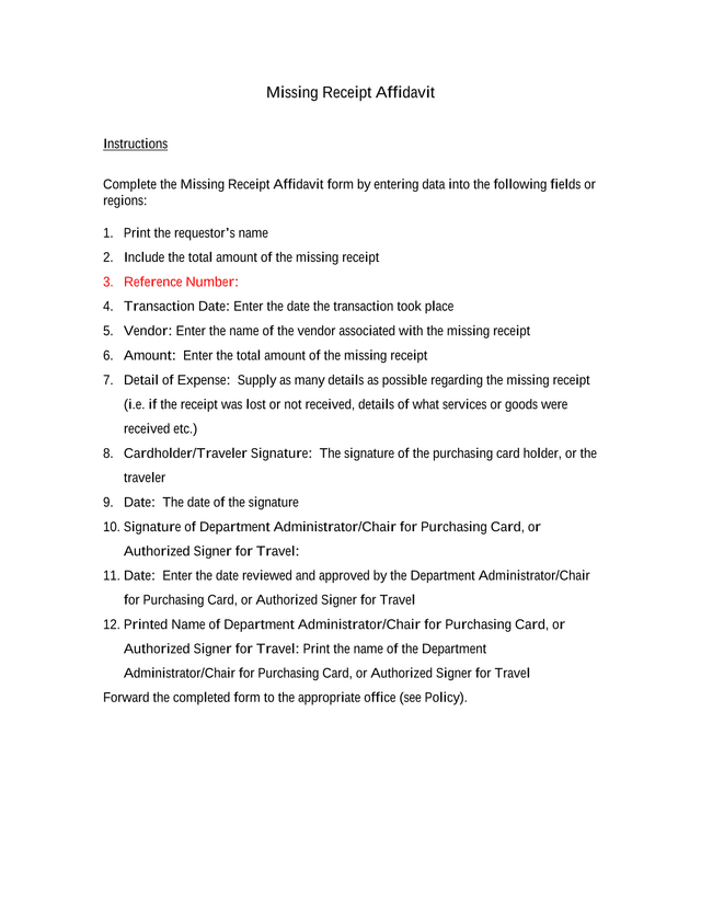 Missing Receipt Affidavit screenshot