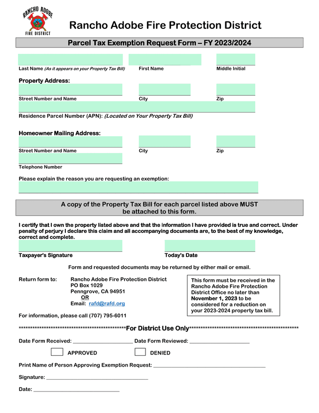 Parcel Tax Exemption Request Form  FY 20232024 screenshot