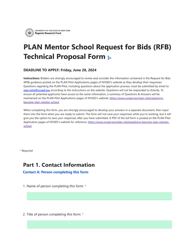 PLAN Mentor School Request For Bids (RFB) Technical Proposal Form screenshot