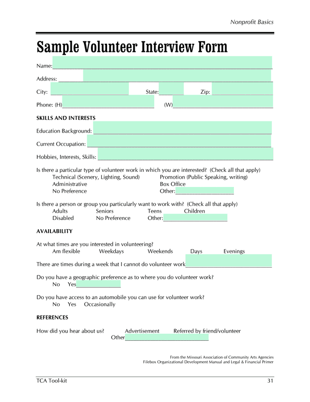 Sample Volunteer Interview Form screenshot