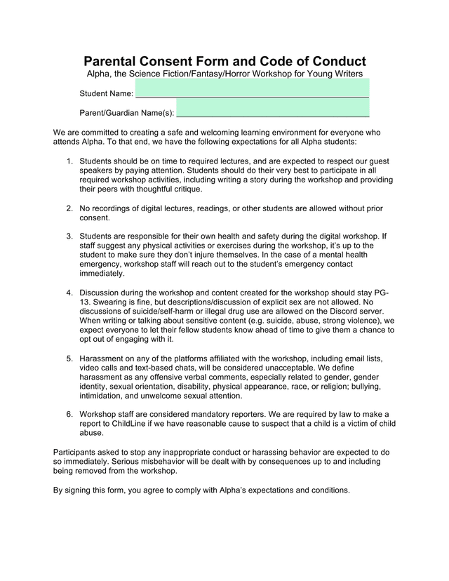 Parental Consent Form And Code Of Conduct screenshot