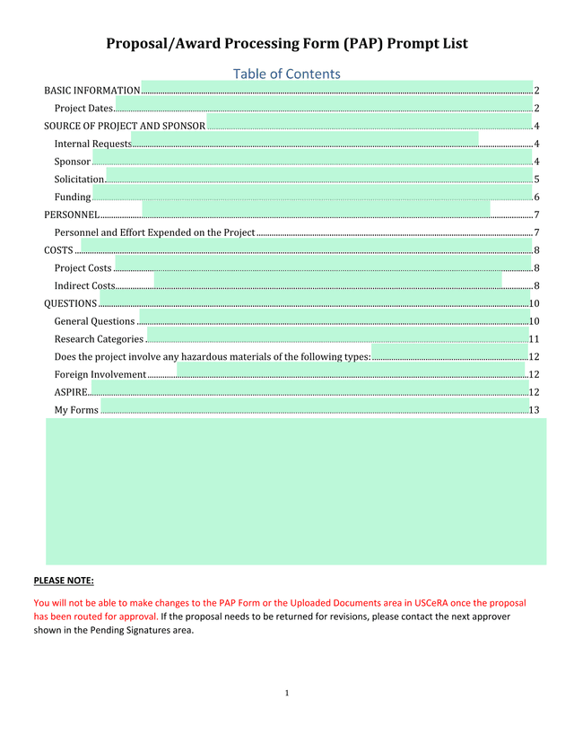 ProposalAward Processing Form (PAP) Prompt List screenshot