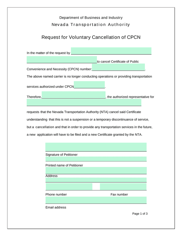 Request For Voluntary Cancellation Of CPCN screenshot