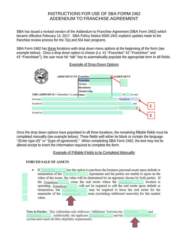SBA Form 2462 Addendum To Franchise Agreement screenshot