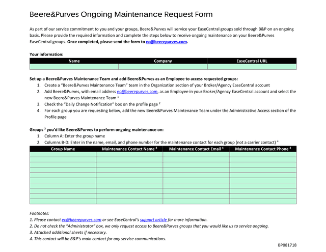 BeerePurves Ongoing Maintenance Request Form screenshot