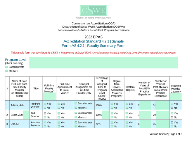 Form AS 4.2.1  Faculty Summary Form screenshot