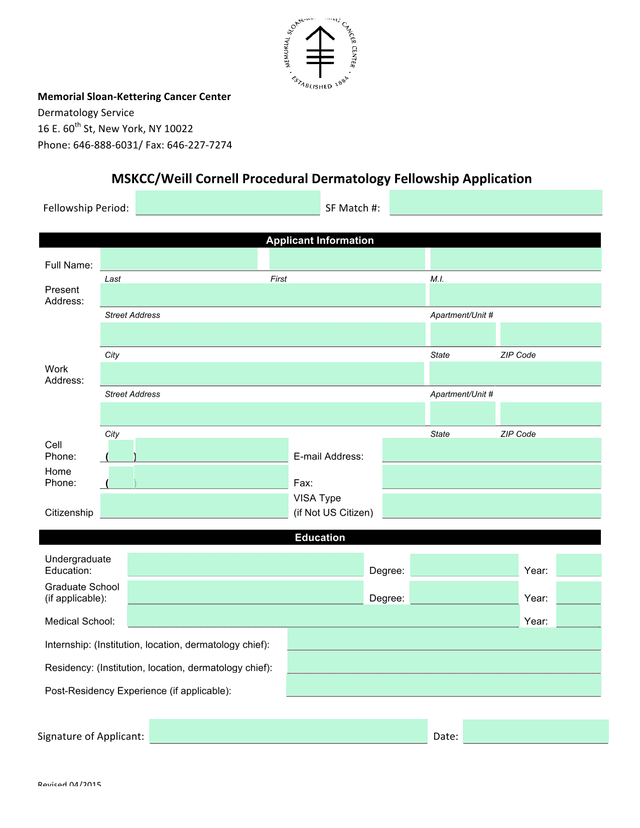 MSKCCWeill Cornell Procedural Dermatology Fellowship Application screenshot