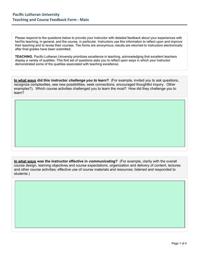 Pacific Lutheran University Teaching And Course Feedback Form screenshot