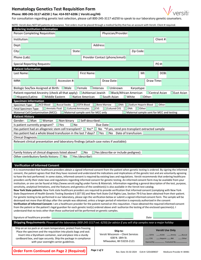 Hematology Genetics Test Requisition Form screenshot