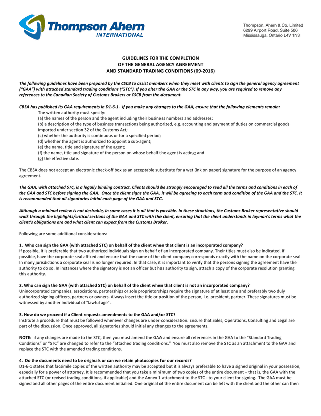 Guidelines For The Completion Of The General Agency Agreement And Standard Trading Conditions screenshot