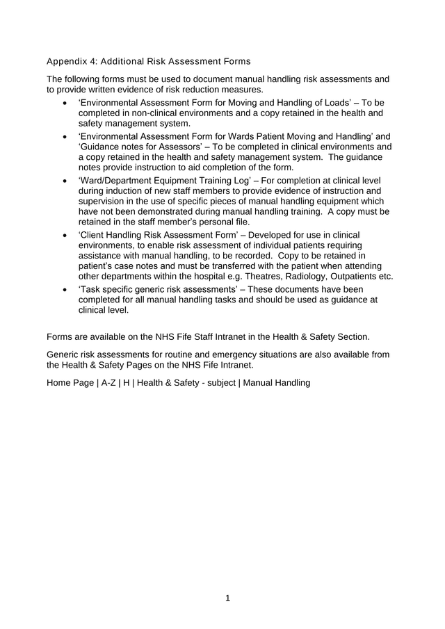 Appendix 4 Additional Risk Assessment Forms screenshot