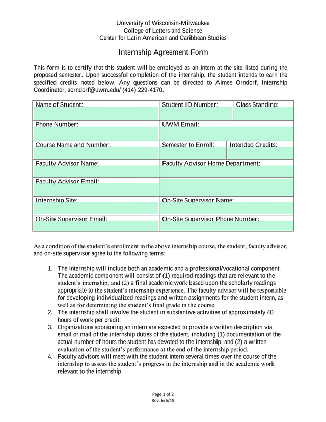 Internship Agreement Form screenshot