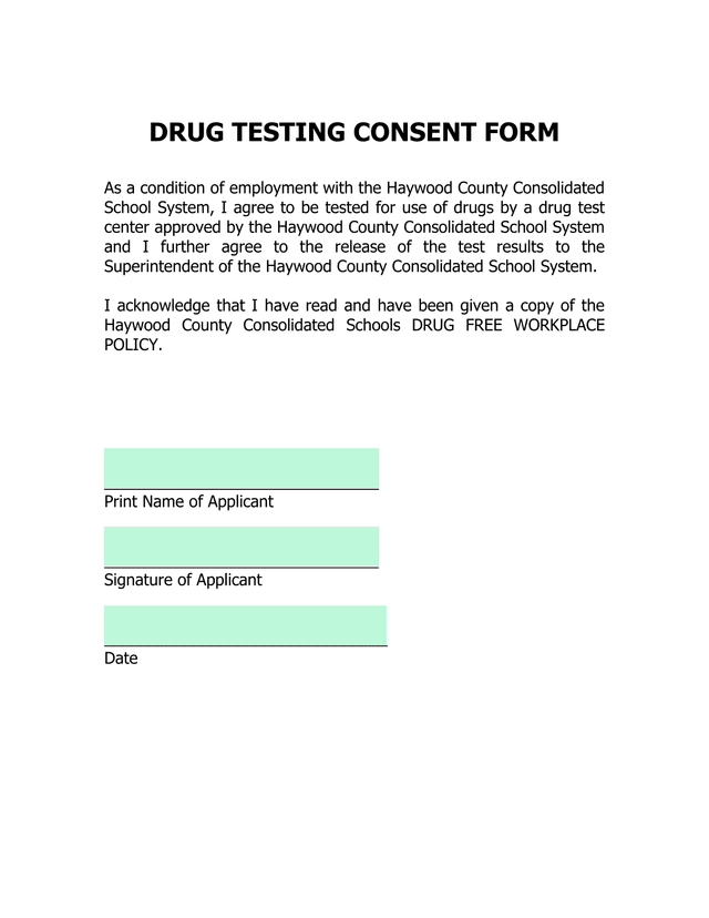 DRUG TESTING CONSENT FORM screenshot