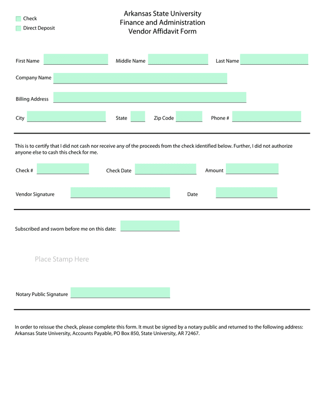 Vendor Affidavit Form screenshot