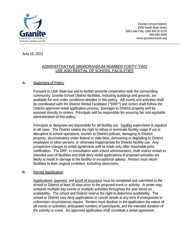 Administrative Memorandum Number Forty Two Use And Rental Of School Facilities screenshot