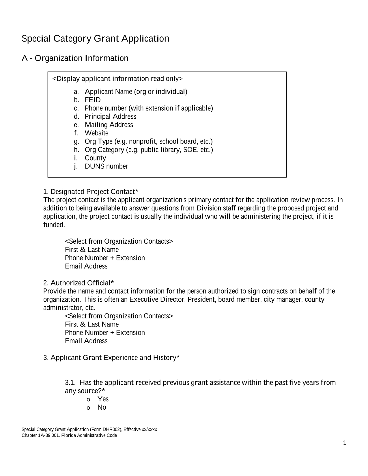 Special Category Grant Application (Form DHR002) screenshot