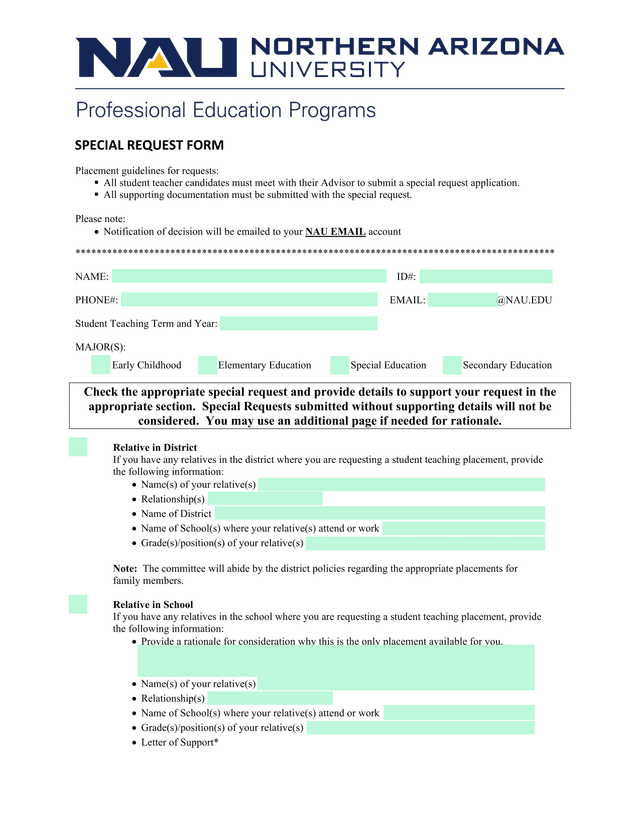 SPECIAL REQUEST FORM screenshot