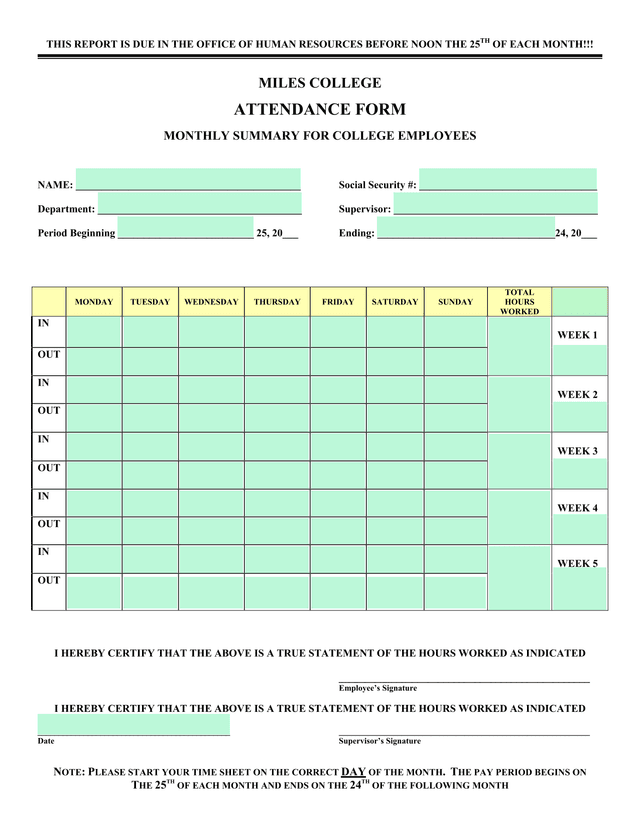 Miles College Attendance Form screenshot