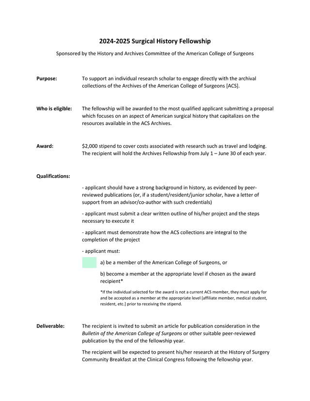 2024 2025 Surgical History Fellowship screenshot
