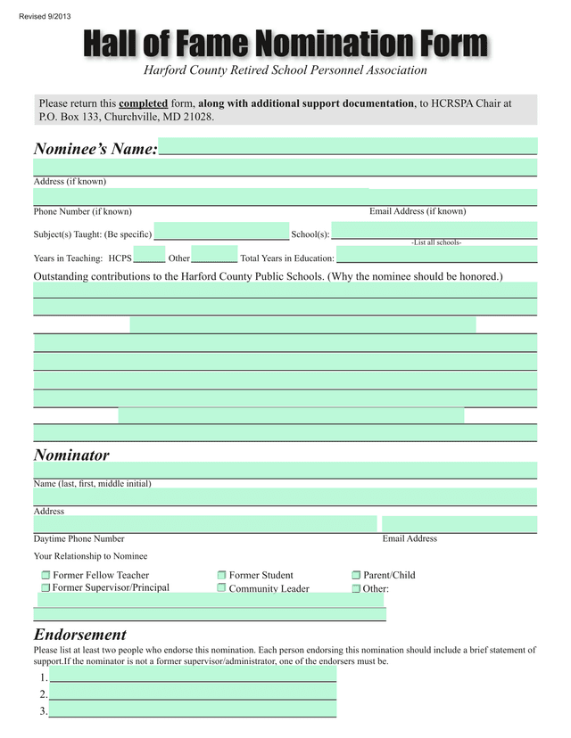 Hall Of Fame Nomination Form screenshot