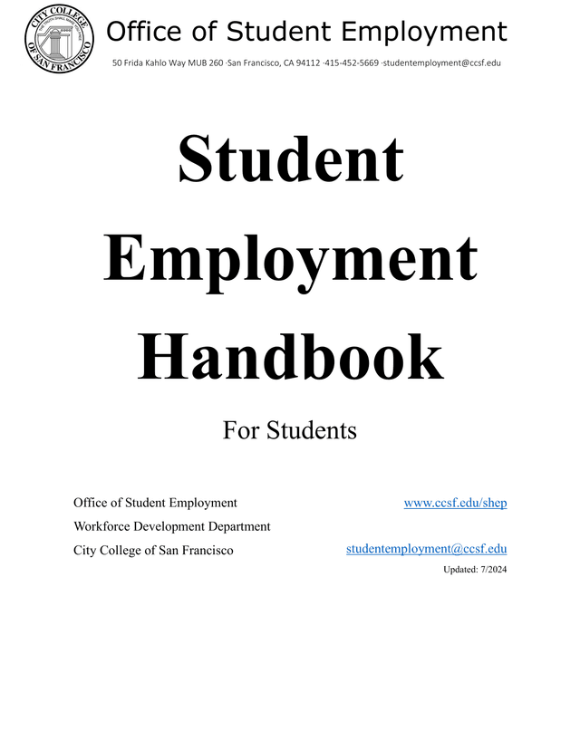 Student Employment Handbook screenshot