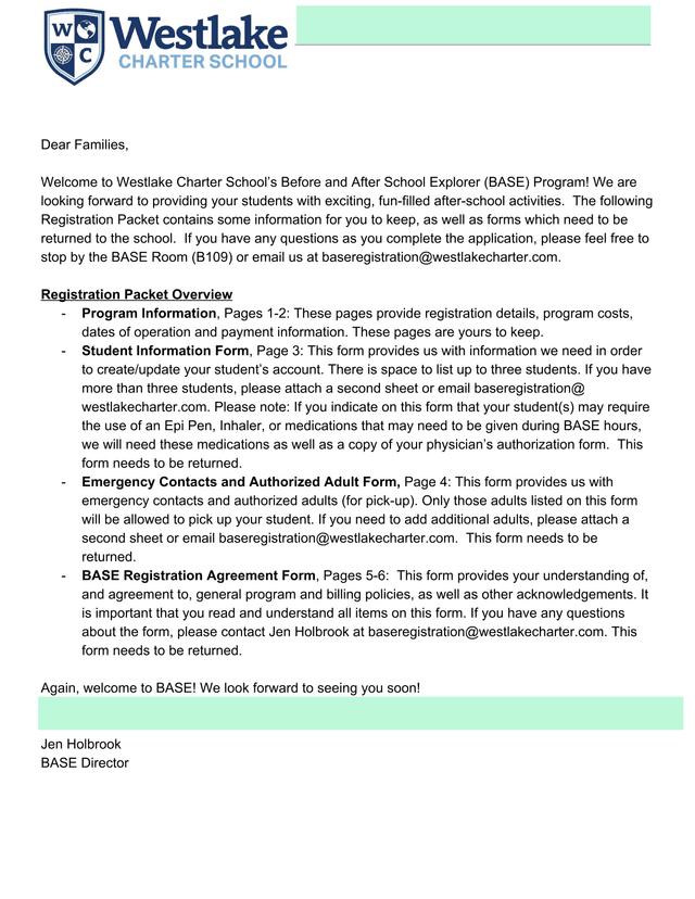 Westlake Charter School BASE Program Registration Packet screenshot