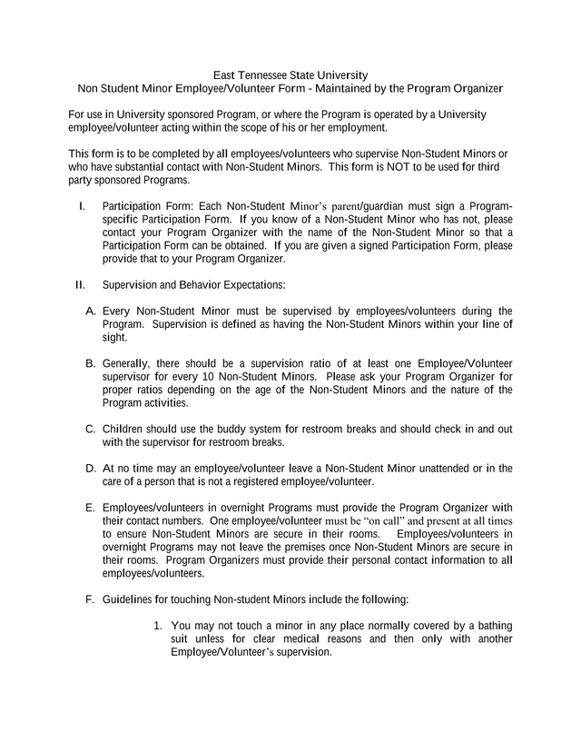 Non Student Minor EmployeeVolunteer Form screenshot