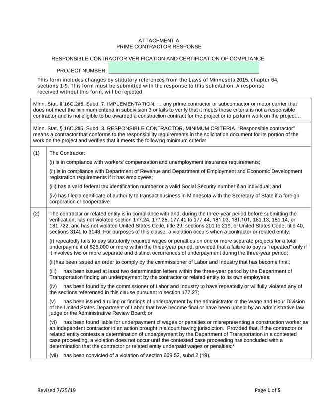 PRIME CONTRACTOR RESPONSE   RESPONSIBLE CONTRACTOR VERIFICATION AND CERTIFICATION OF COMPLIANCE screenshot