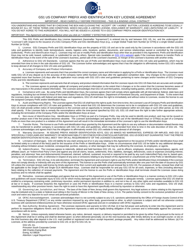 GS1 US Company Prefix And Identification Key License Agreement screenshot