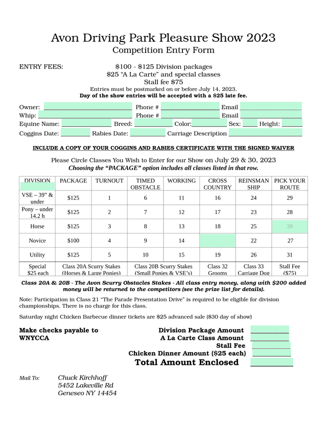 Avon Driving Park Pleasure Show 2023 Competition Entry Form screenshot